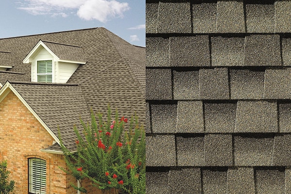 A close-up photo of Timberline HDZ Weathered Wood shingles placed next to a house built with those shingles on its roof.