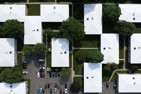 Top view of roof recovery completed on the Post House with GAF commercial roofing materials.