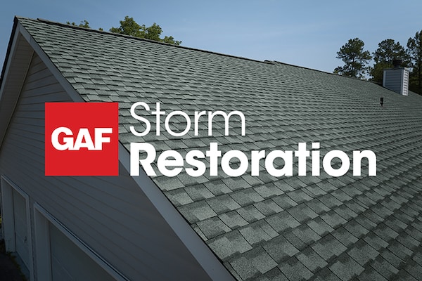 The image displays the GAF Storm Restoration logo overlaid on a close-up of a shingled roof.