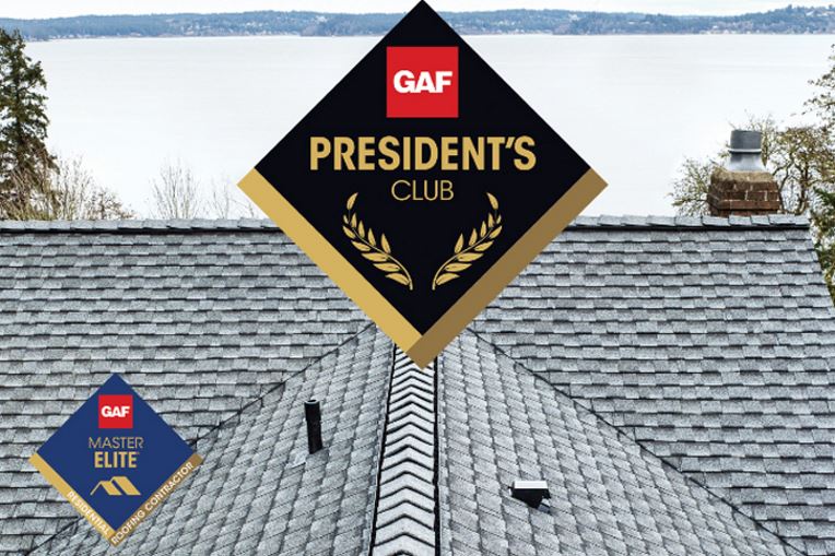 GAF roof with President’s Club award diamond badge