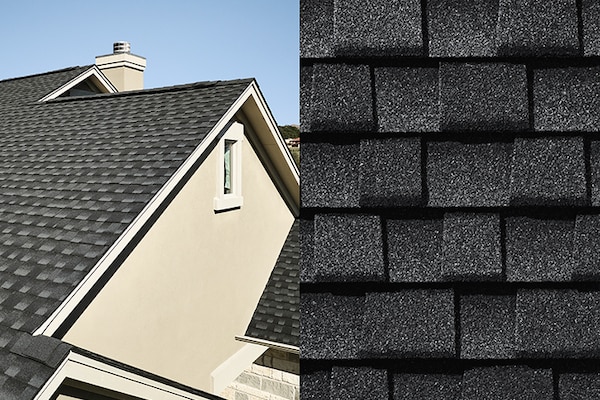 A split image showing a close-up of Timberline UHDZ Charcoal shingles on the right side side and a view of a house with the same shingles covering its roof on the left side. 