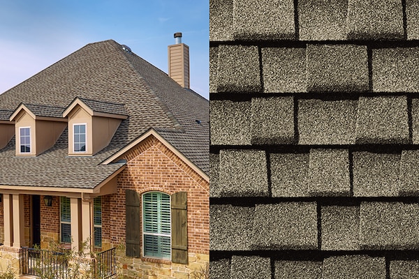 A split image showing a close-up of Timberline UHDZ Weathered Wood shingles on the right side side and a view of a house with the same shingles covering its roof on the left side.