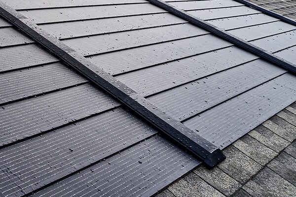 Black solar shingles made by GAF Energy on top of a roof built with Timberline brand asphalt shingles