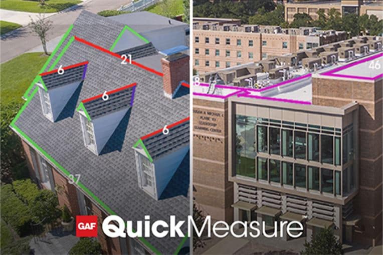 Side by side examples of GAF QuickMeasure high-resolution imagery featuring a residential home and commercial building with roof measurements