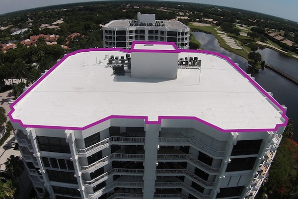 Aerial photo of a commercial roof that has been  measured as part of a GAF Quickmeasure report for design pros