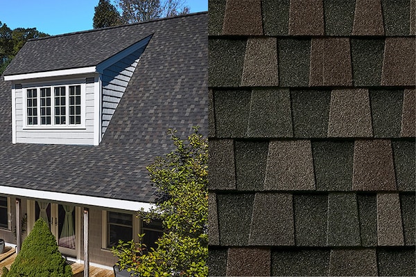 Side view of a house newly installed with Timberline HDZ shingles next to a closeup of the brown shingles uses.