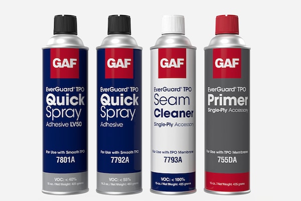 Product shot of four GAF roof maintenance and repair products products: 𠊎verGuard® TPO Quick Spray Adhesive - LV50, EverGuard® TPO Quick-Spray Adhesive, EverGuard® TPO Seam Cleaner and EverGuard® TPO Primer.