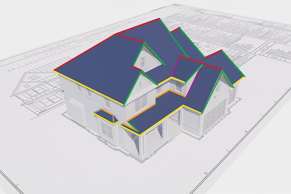 Architectural drawing with 3D plan of a new home with roof measurements outlined in different colors.