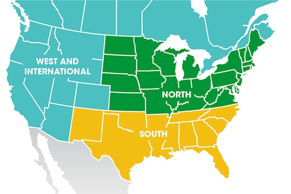 United States map image: Tapered design map showing all three Tapered Design regions: West and International, North, and South.