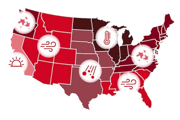 A  United States map showing popular GAF shingles by climate and area