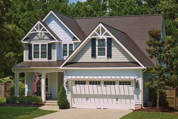 Front view of a house with TimberSteel metal shingles installed. 