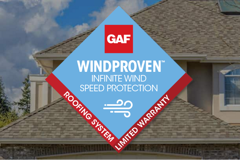 WindProven Infinite Wind Speed Protection diamond in front of home with GAF roof