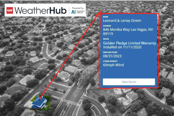 Map of neighborhood showing GAF WeatherHub advanced roof warranty information