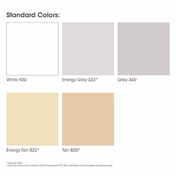 PVC membrane swatch colors: white, light gray, gray, light tan, and tan.