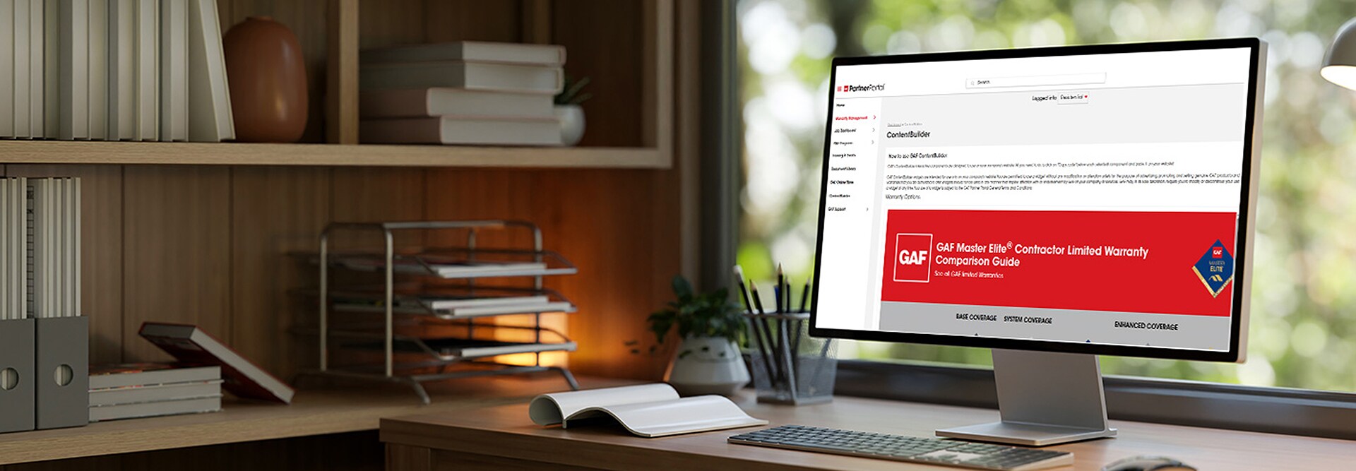 A computer monitor on a desk displaying the GAF Content Builder interface, alongside text promoting how to add GAF roofing content to a contractor's website.