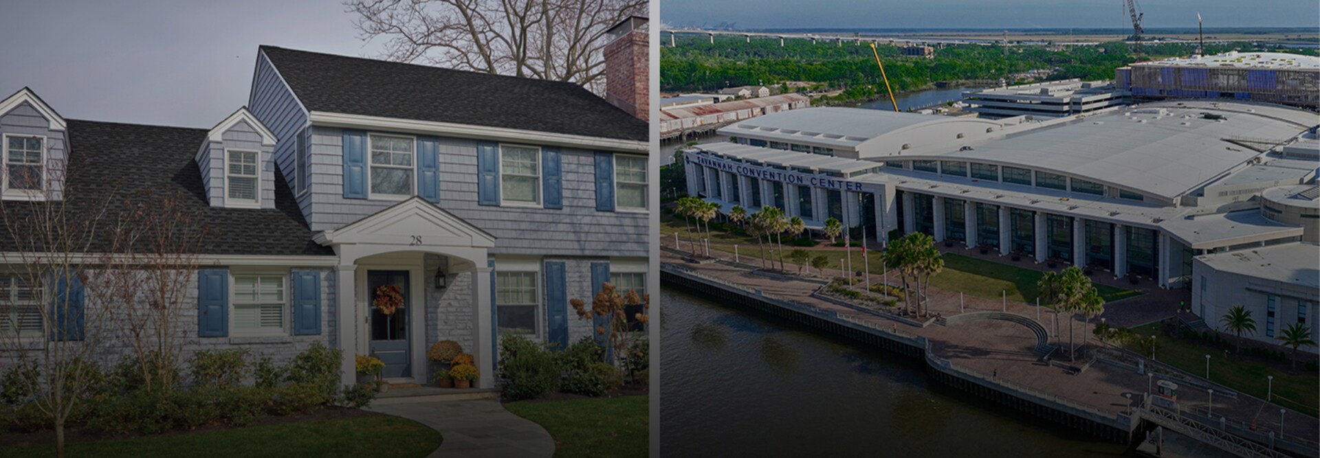 Gray home with dark GAF roof shingles on left and Commercial building with GAF roofing materials on right