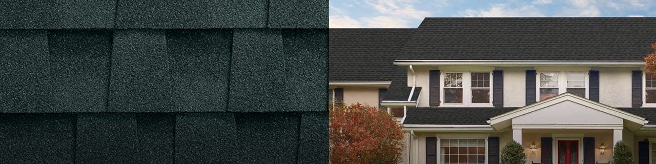 Close up of GAF Timberline HDZ charcoal shingle with companion image showing how it looks on a house.