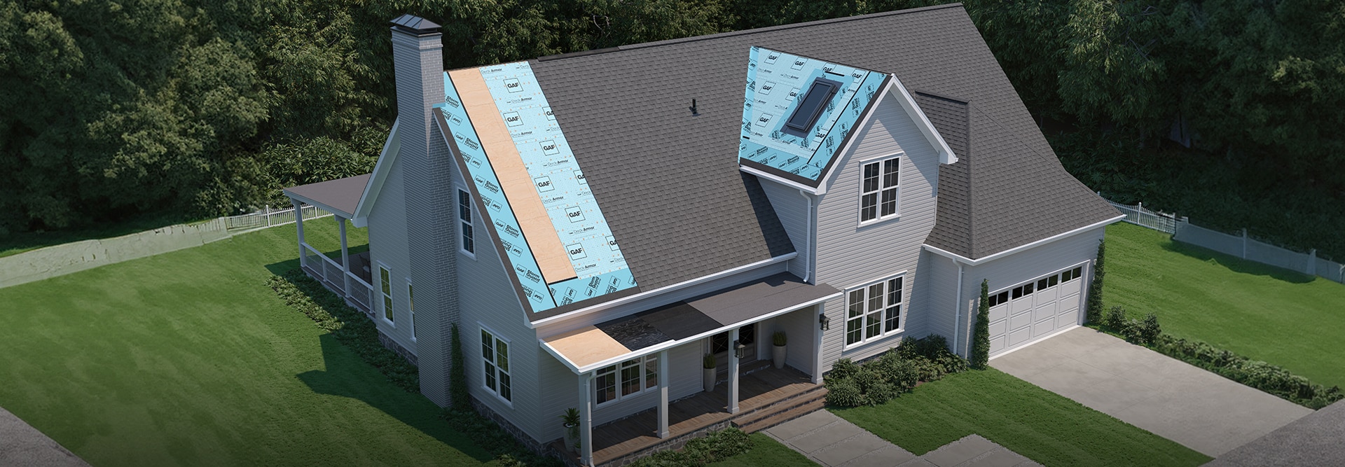 Illustration of a house showing components of a residential GAF roofing system