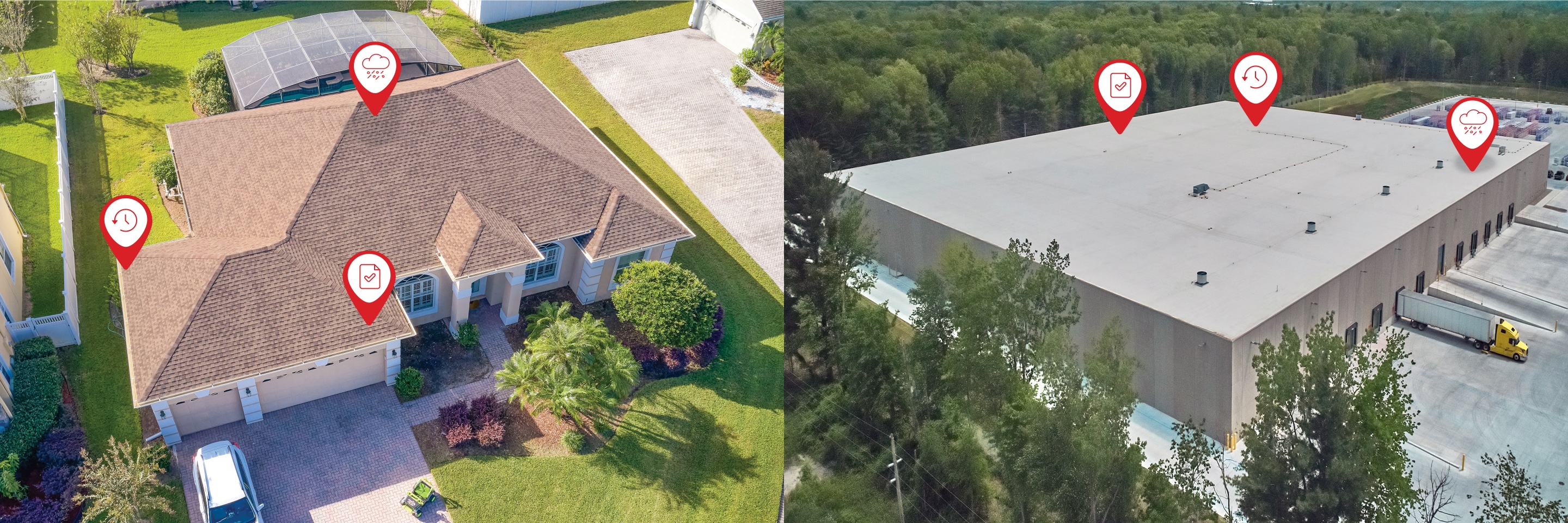 Aerial images of residential and commercial roofs with icons highlighting property data