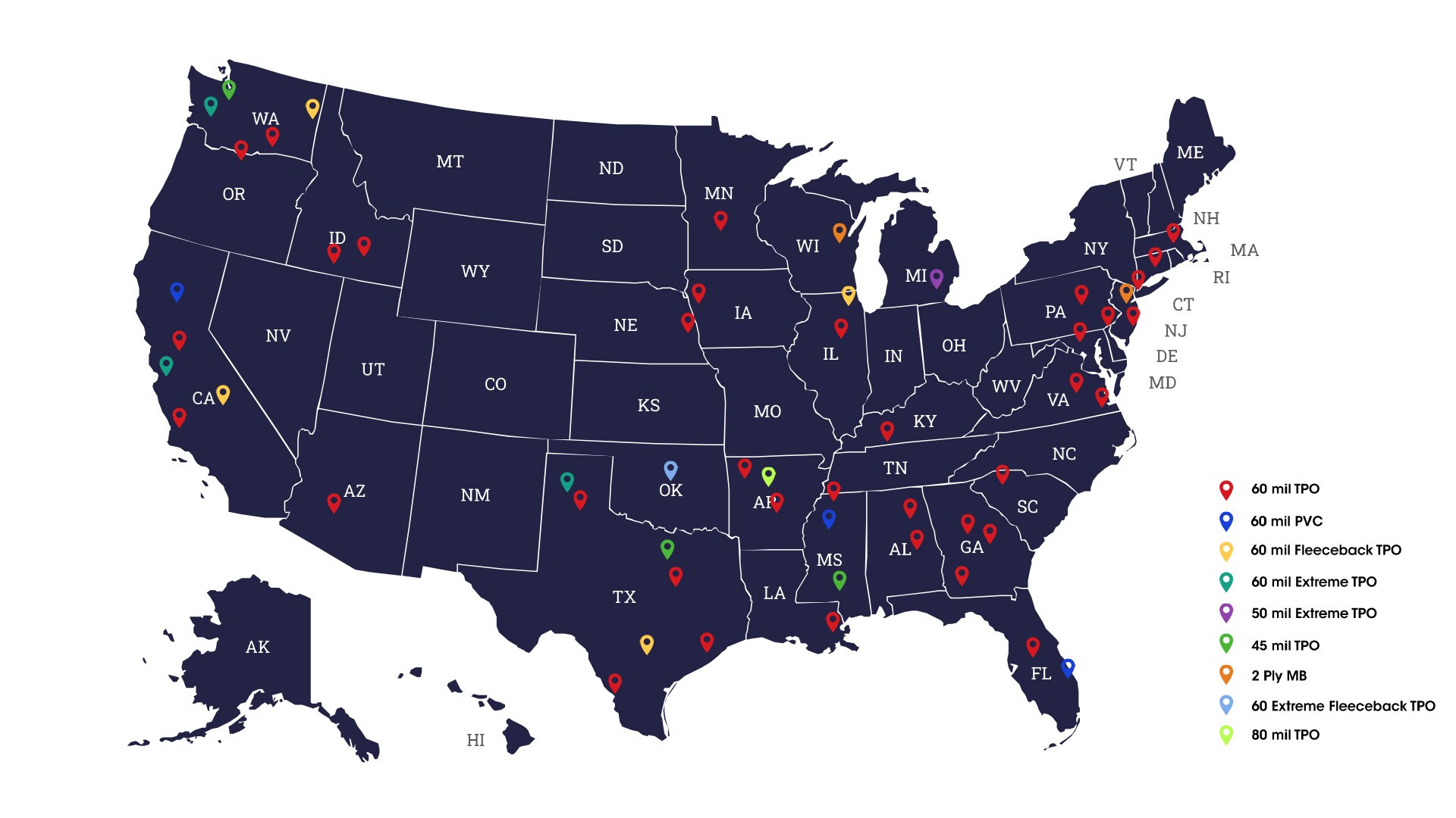 Map of the United States showing GAF cold storage facilities and the roofing technology used for each.