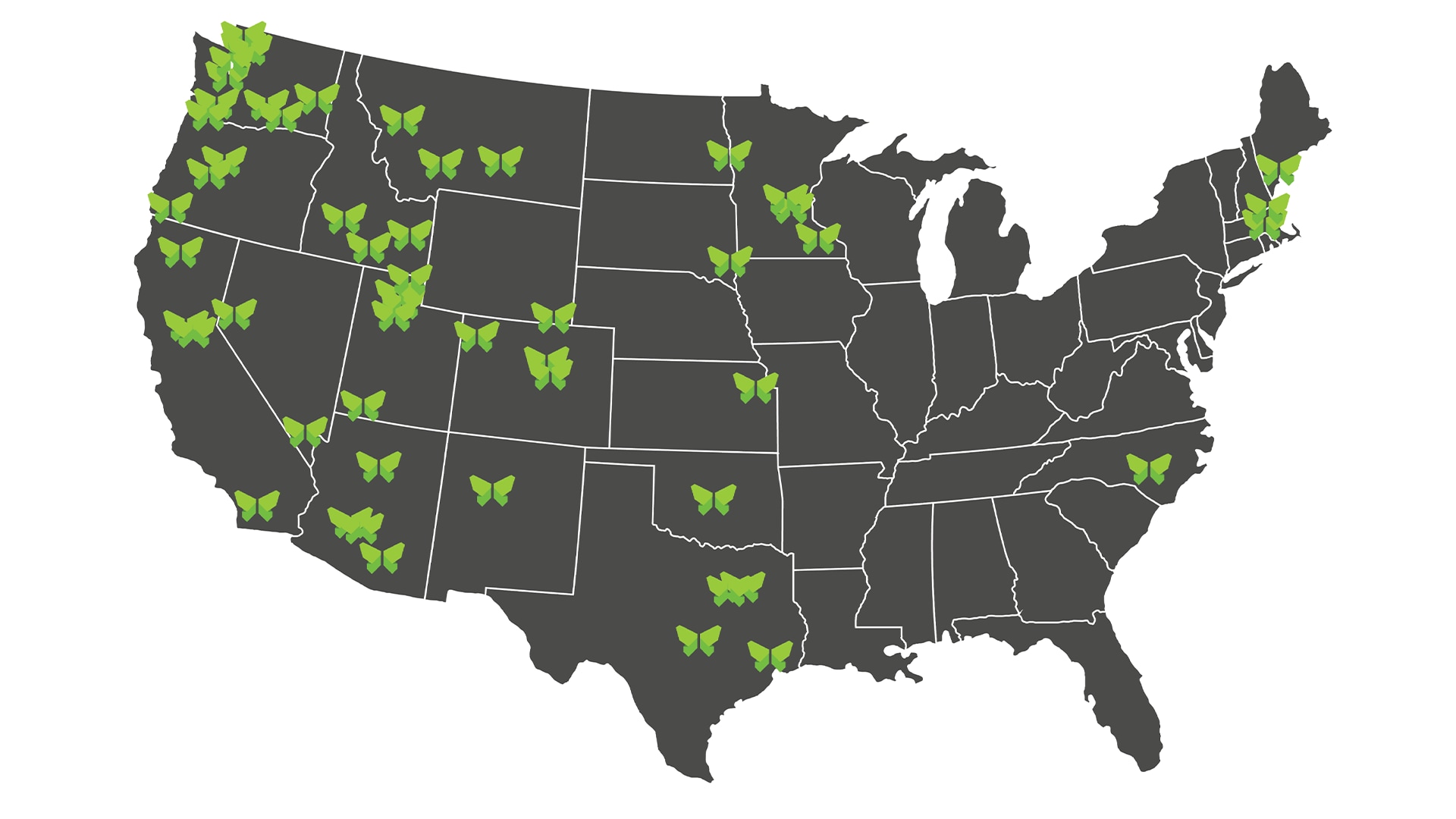 Map of the United stated with many DaBella butterfly logos pinpointing their business locations throughout America