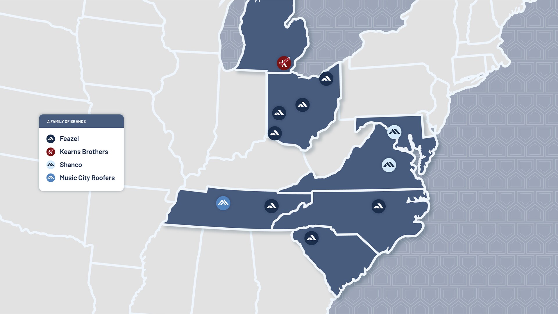 A map infographic of Feazel and it’s family of regional brand locations across 11 markets in 7 states in the United States.