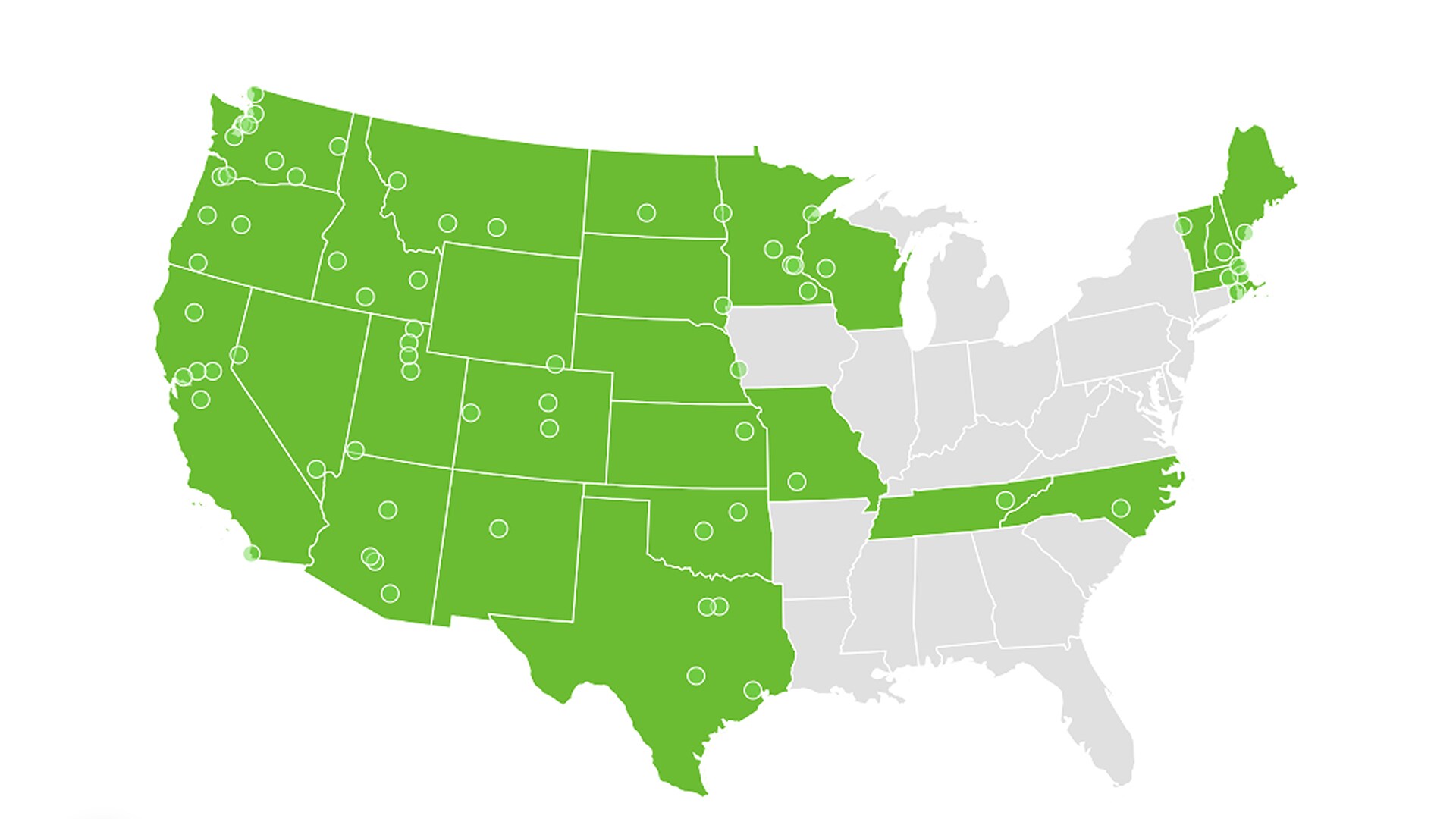 Map of the United stated with DaBella business locations pinpointed throughout the country