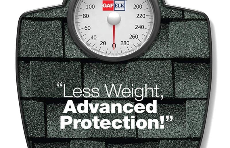 GAF and ElkCorp. logo on a scale showcasing "less weight, advanced protection" on their roof shingles