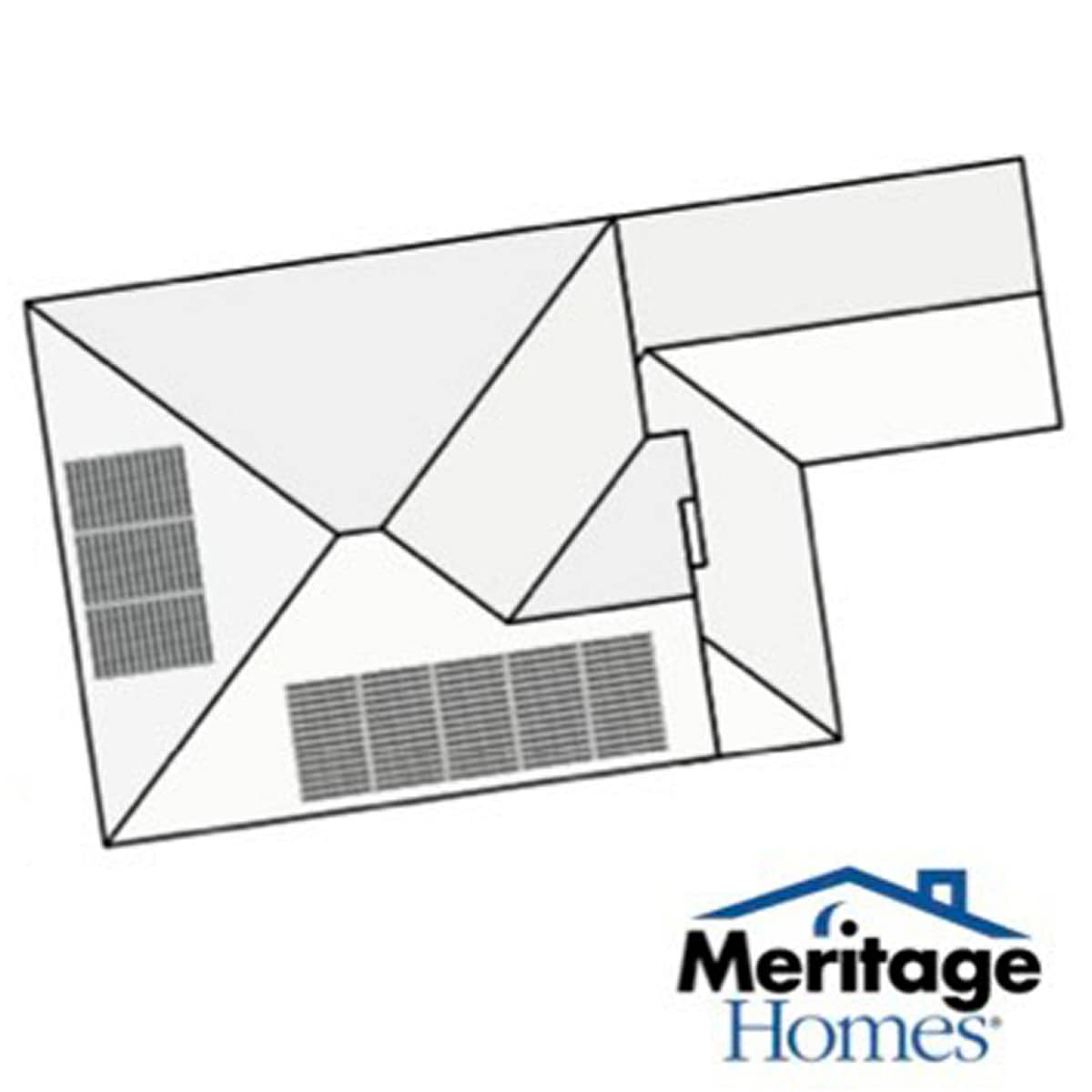 An architectural drawing of a house roof shows solar tiles and the Meritage Homes logo in the bottom right corner.