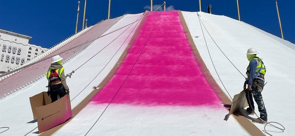 Workers refurbishing the Circus Circus roof in Las Vegas