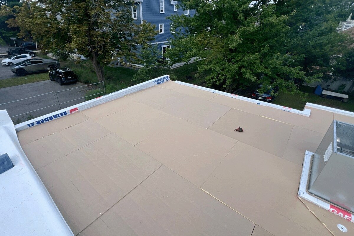 Aerial view of GAF commercial roofing materials installed on the Getty Bagel Shop
