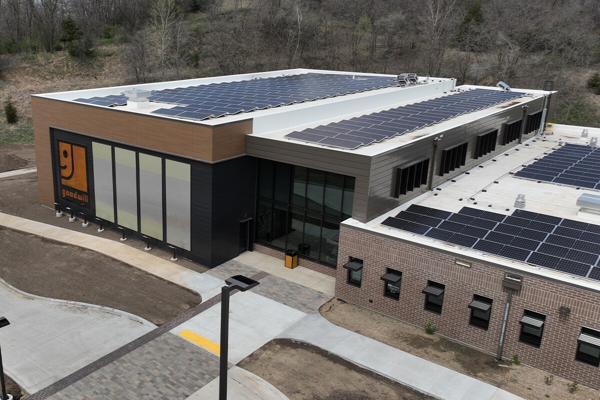 Right angle front-facing view of the Goodwill of the Great Plains headquarters