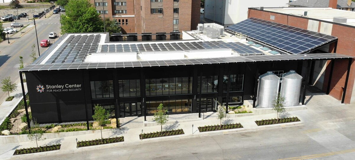 Front view of Stanley Center for Peace and Security in Iowa with EverGuard roofing materials