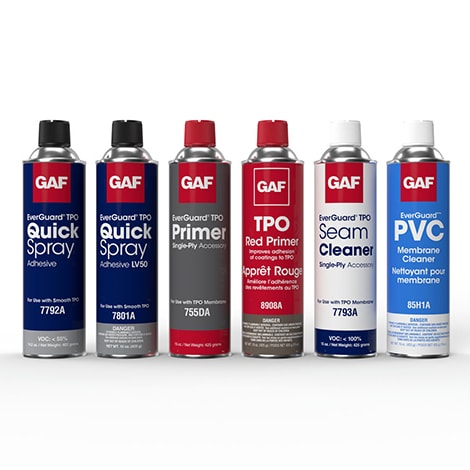 Product shot of four GAF roof maintenance and repair products products:  EverGuard® TPO Quick Spray Adhesive - LV50, EverGuard® TPO Quick-Spray Adhesive, EverGuard® TPO Seam Cleaner and EverGuard® TPO Primer.