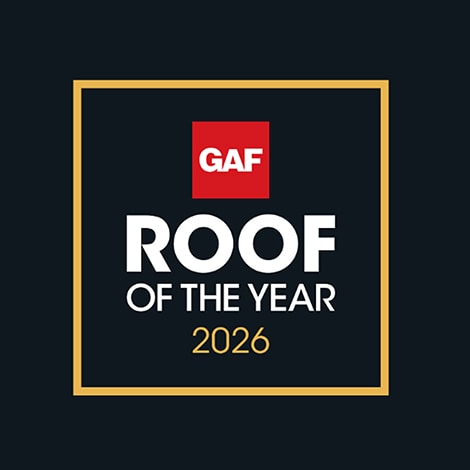 GAF Roof of the Year 2026 logo framed in gold, set against a black background. 