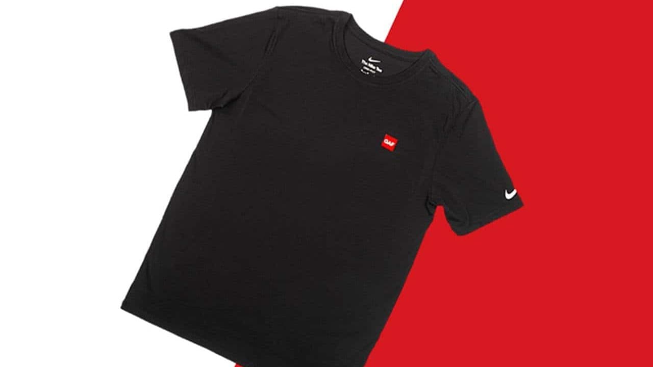 Black GAF Roofing t-shirt with Nike swoosh and GAF red logo