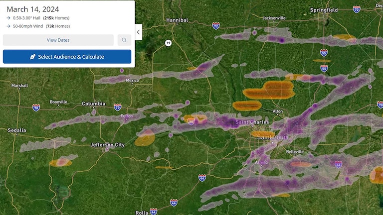 Example interactive hail map for roofing contractors from WeatherHub