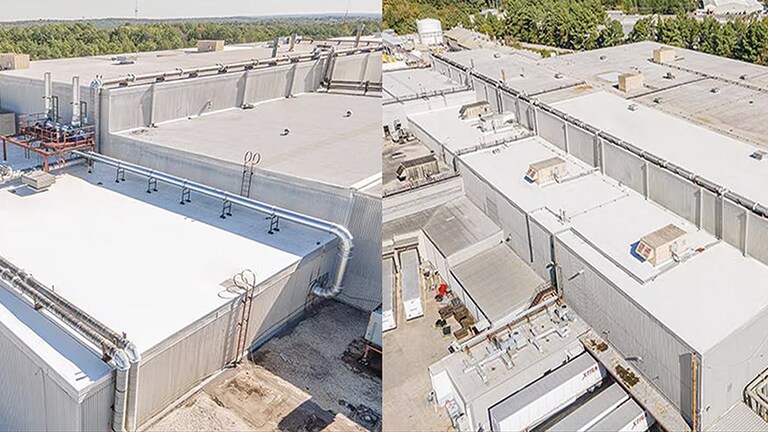Arial photos of Trane Technologies buildings in Tyler, TX with new GAF commercial roofing materials