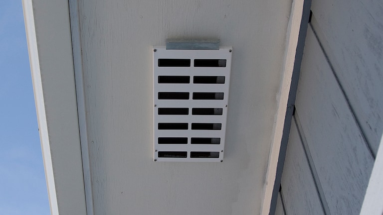 A soffit vent on the underside of a roof
