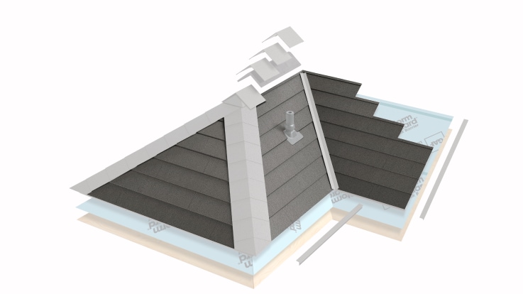 Close-up of metal field shingle layer in the TimberSteel™ Premium Metal roofing system
