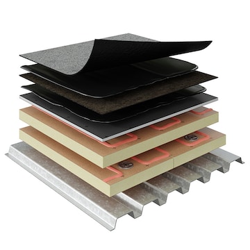 Layered components of the Asphaltic SBS, Heat-Welded roof system.