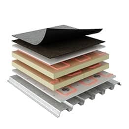 Layered components of the Asphaltic SBS, Heat-Welded roof system. 