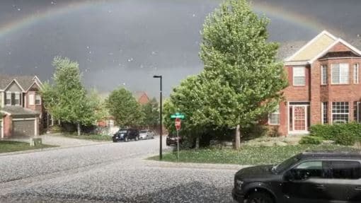 Large hail falling on a street in a residential neighborhood