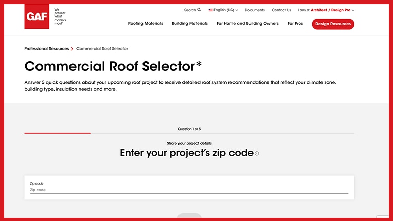 Screenshot of the starting page of the Commercial Roof Selector tool prompting the user to enter the zip code for their commercial roofing project. 