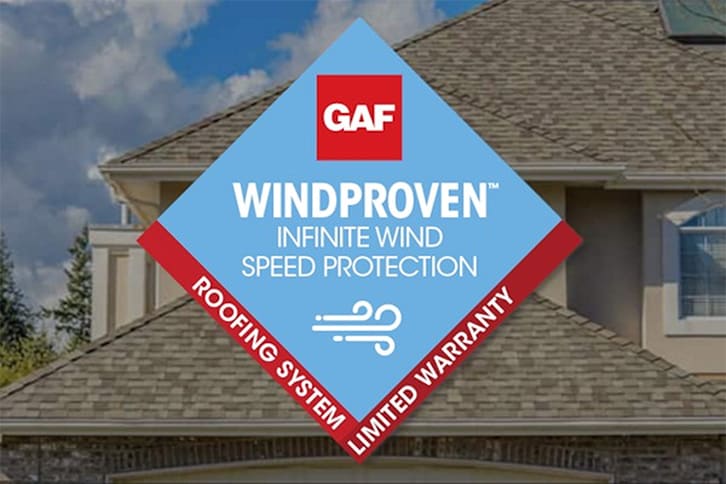 Video thumbnail showing the Windproven Limited Warranty diamond badge superimposed over an image of a roof