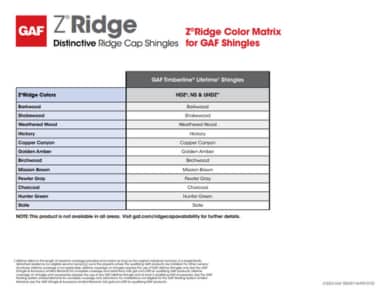 Z Ridge Color Matrix for GAF Shingles - RESHR118