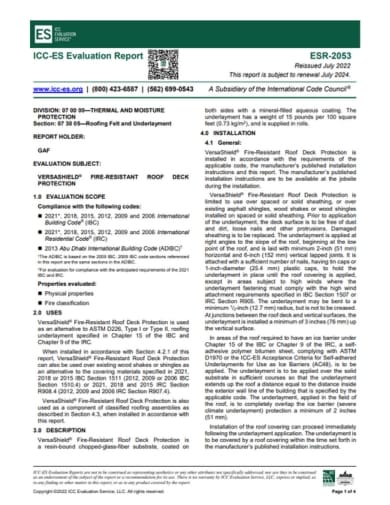 VersaShield Fire-Resistant Roof Deck Protection ICC Evaluation Report - ESR-2053
