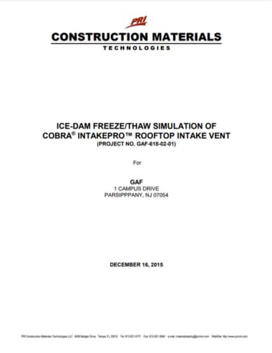 Cobra IntakePro 3rd Party Lab Simulated Ice Dam Testing