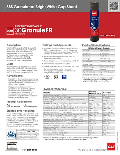 Ruberoid Energycap 30 Granule FR SBS Granulated Bright White Cap Sheet Data Sheet - COMAS067