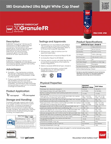 Ruberoid Energycap 30 Granule FR Membrane SBS Granulated Ultra Bright White Cap Sheet Data Sheet - COMAS075